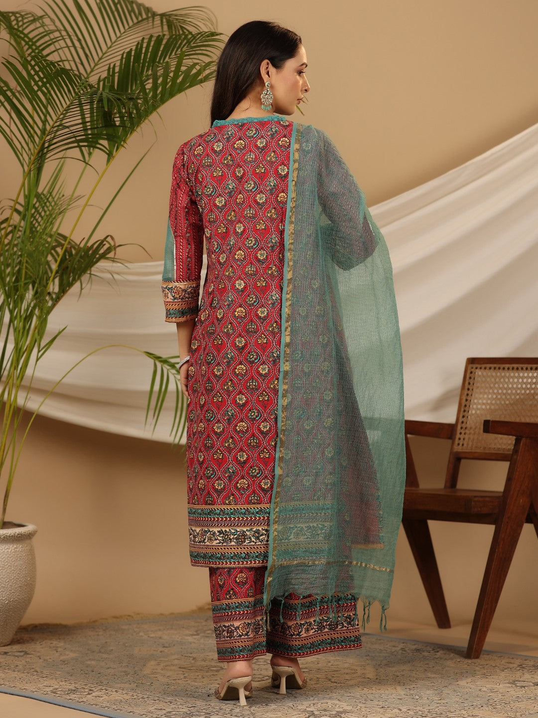 Juniper Red Madhubala Pure Cotton Ethnic Motif Printed Laced Kurta With Palazzo & Dupatta (3-Pcs) | Grocsy