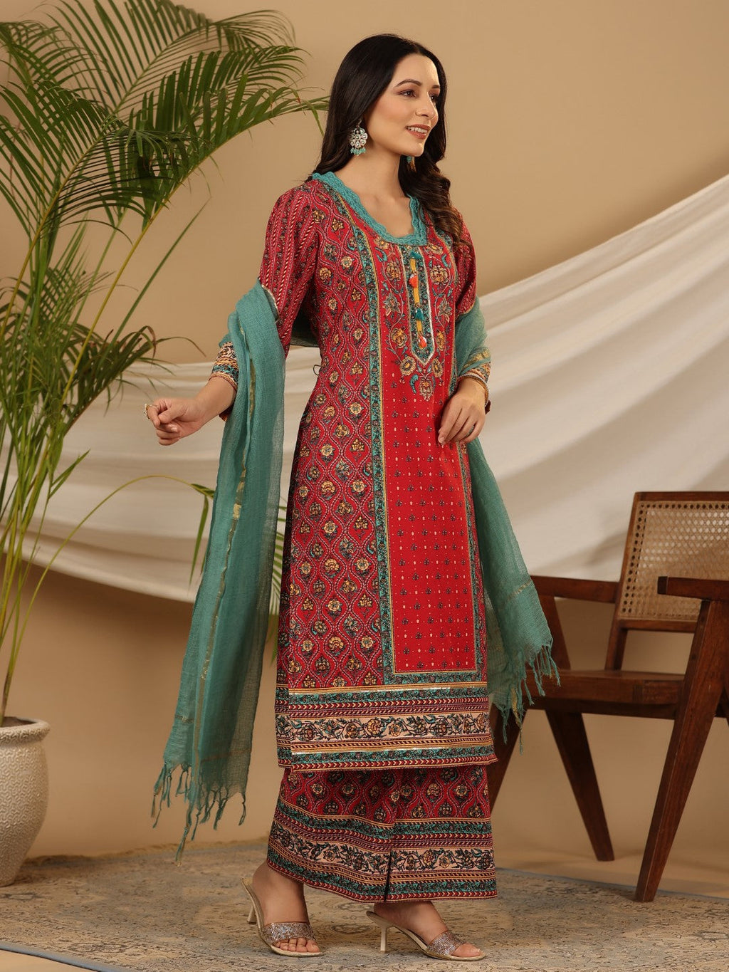 Juniper Red Madhubala Pure Cotton Ethnic Motif Printed Laced Kurta With Palazzo & Dupatta (3-Pcs) | Grocsy