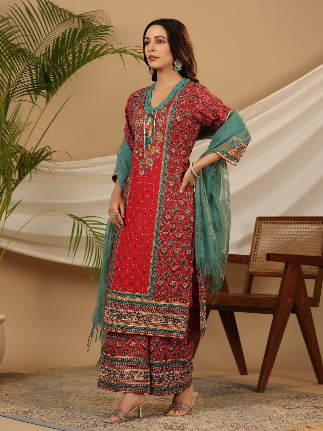 Juniper Red Madhubala Pure Cotton Ethnic Motif Printed Laced Kurta With Palazzo & Dupatta (3-Pcs) | Grocsy