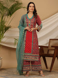 Juniper Red Madhubala Pure Cotton Ethnic Motif Printed Laced Kurta With Palazzo & Dupatta (3-Pcs) | Grocsy