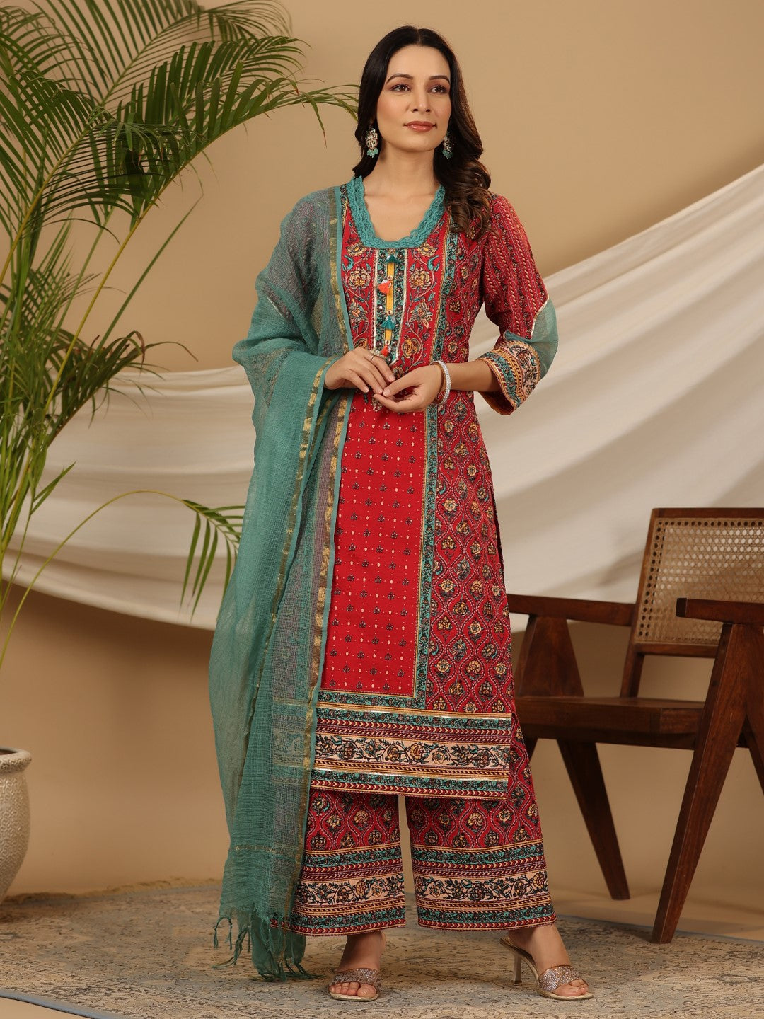 Juniper Red Madhubala Pure Cotton Ethnic Motif Printed Laced Kurta With Palazzo & Dupatta (3-Pcs) | Grocsy
