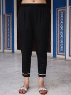 Juniper Black Solid Cotton Women Slim Fit Laced Pants With Single Side Pocket & Drawstring | Grocsy