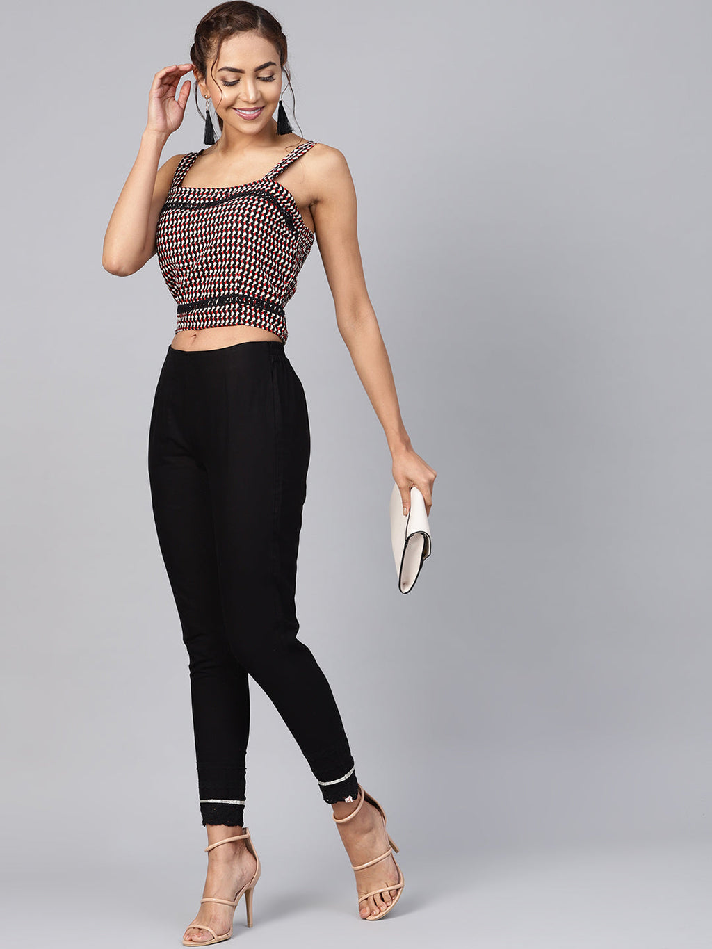 Juniper Black Solid Cotton Women Slim Fit Laced Pants With Single Side Pocket & Drawstring | Grocsy