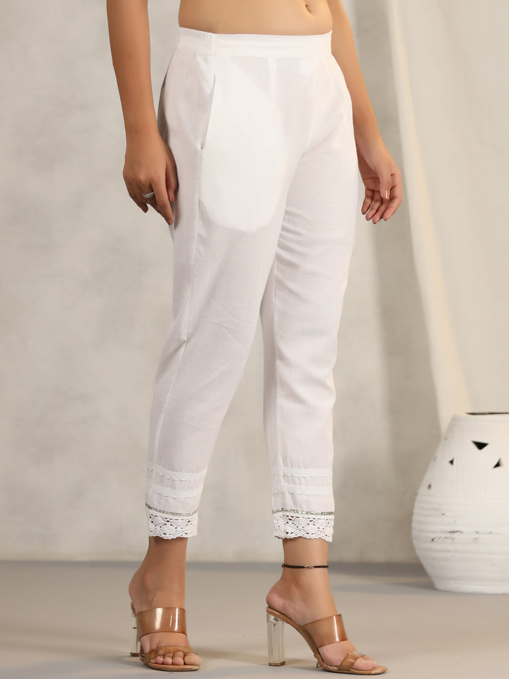 Juniper Women's Off White Soild Cotton Flex Pants With Lace Work | Grocsy