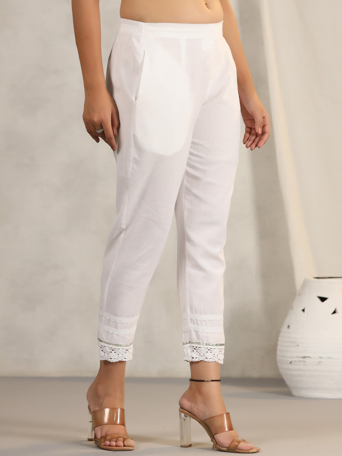 Juniper Women's White Soild Cotton Flex Pants With Lace Work | Grocsy