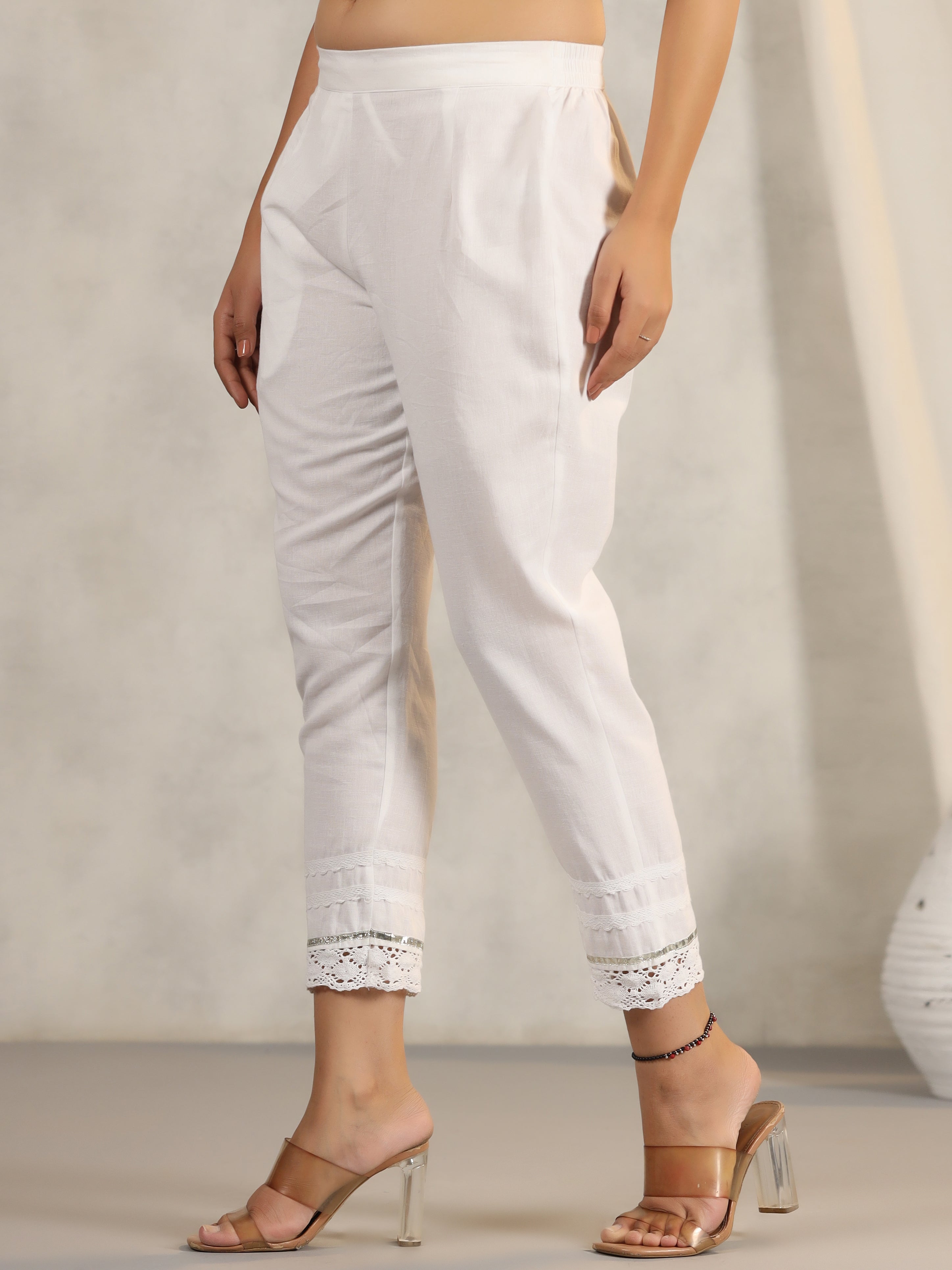 Juniper Women's Off White Soild Cotton Flex Pants With Lace Work | Grocsy