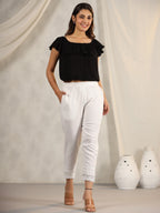 Juniper Women's White Soild Cotton Flex Pants With Lace Work | Grocsy