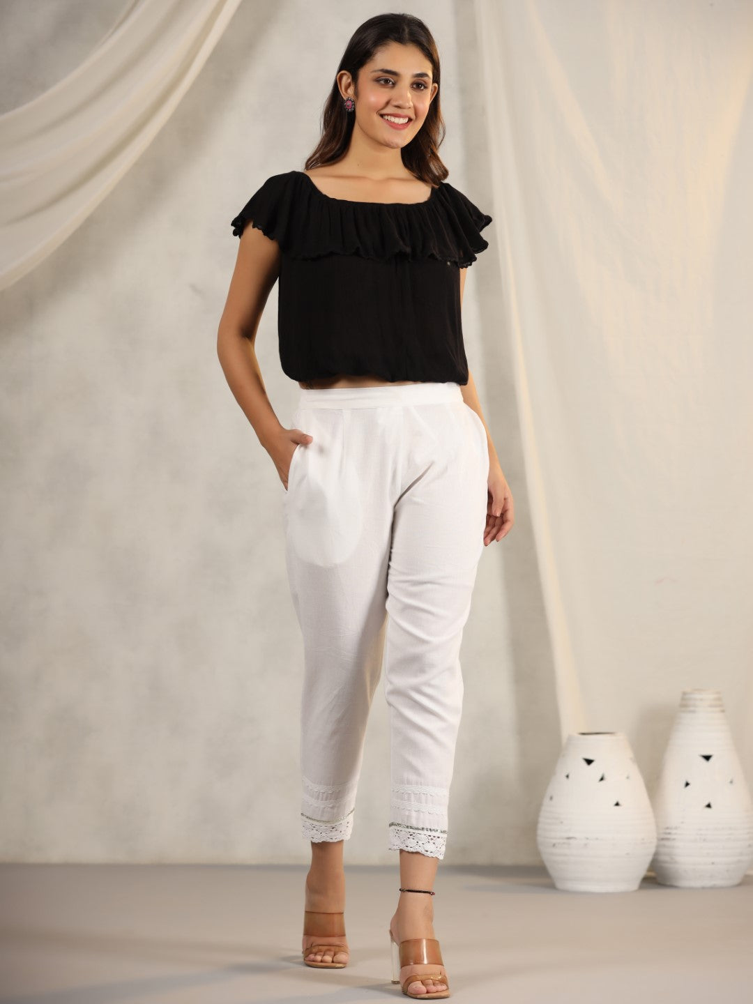 Juniper Women's White Soild Cotton Flex Pants With Lace Work | Grocsy