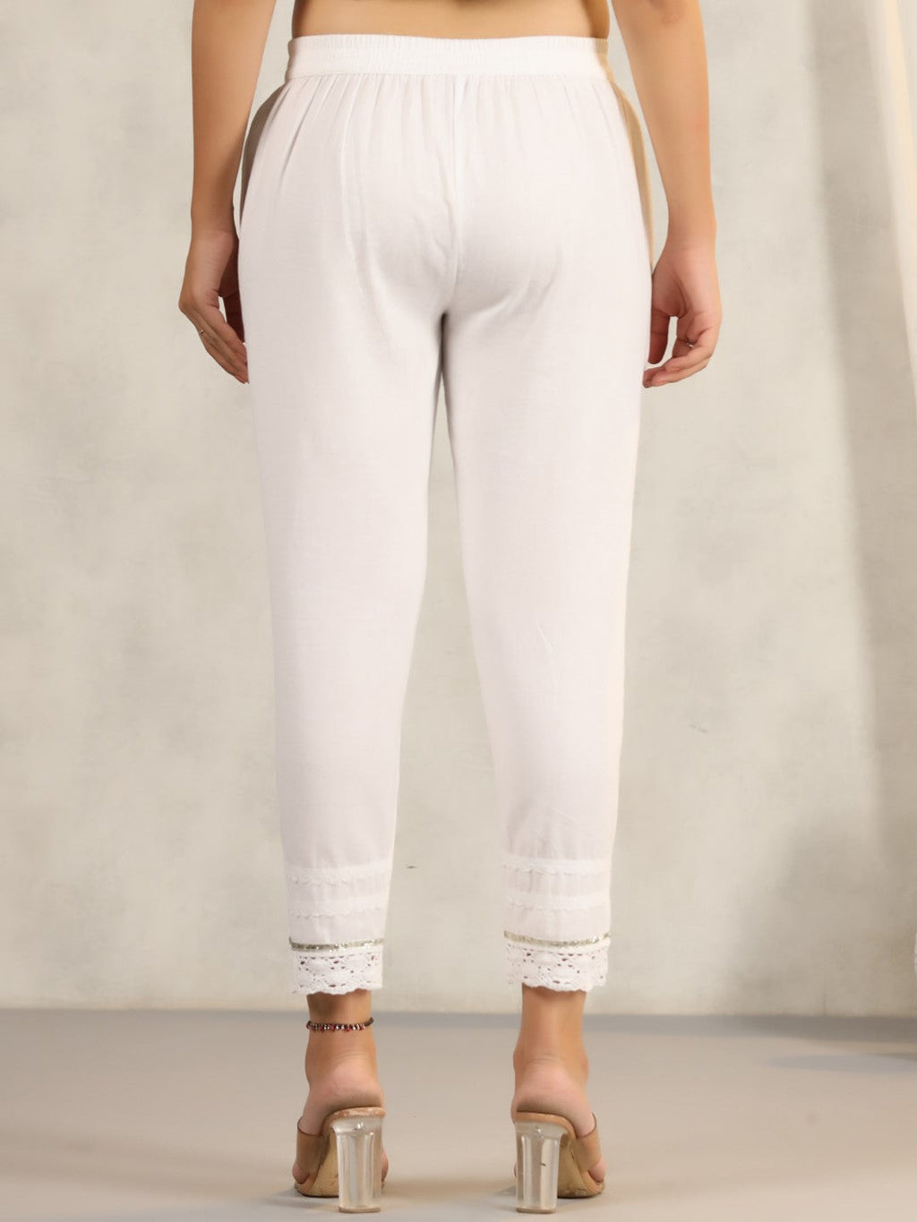 Juniper Women's White Soild Cotton Flex Pants With Lace Work | Grocsy