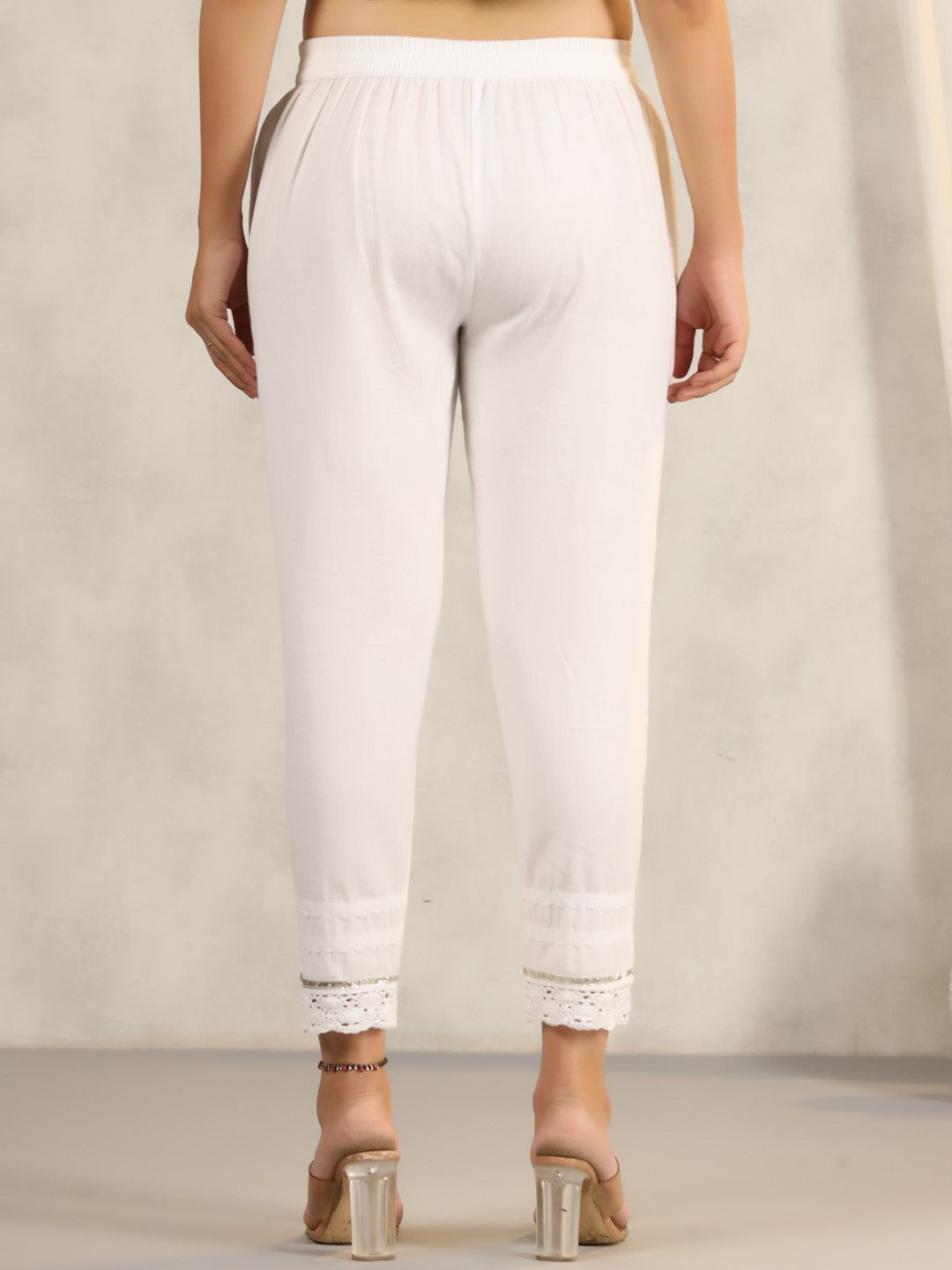 Juniper Women's White Soild Cotton Flex Pants With Lace Work | Grocsy