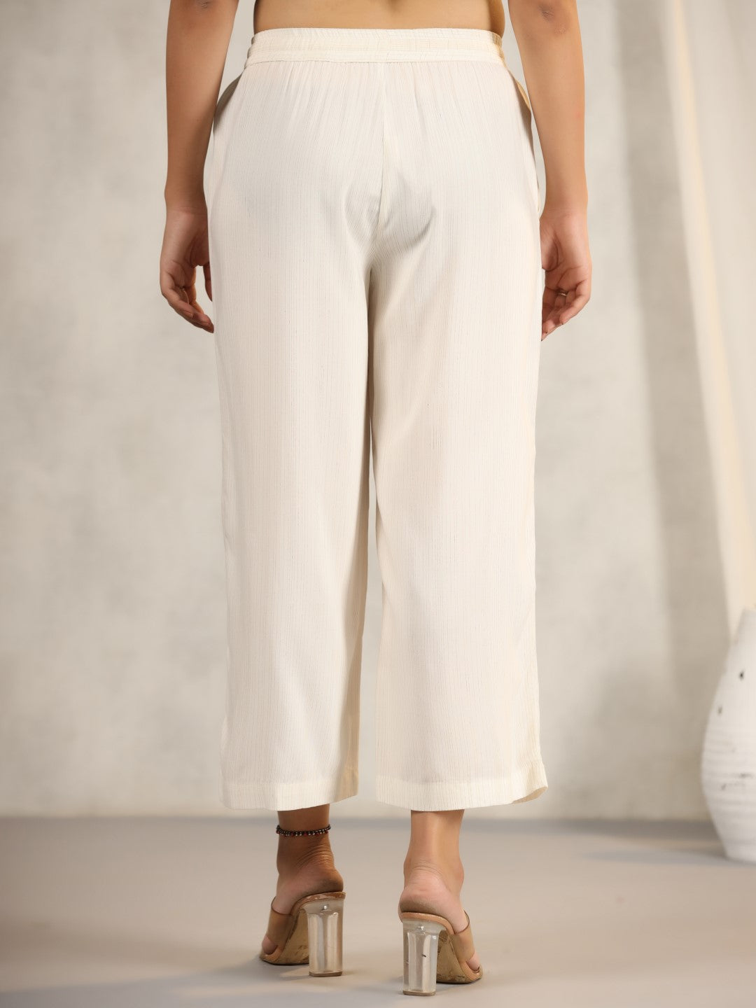 Juniper Women's Ivory Stripped Modal Rayon Women Pants With Single Side Pockets & Drawstring | Grocsy