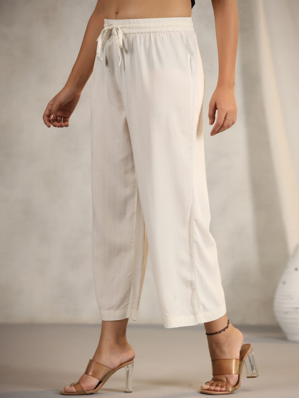 Juniper Women's Ivory Stripped Modal Rayon Women Pants With Single Side Pockets & Drawstring | Grocsy