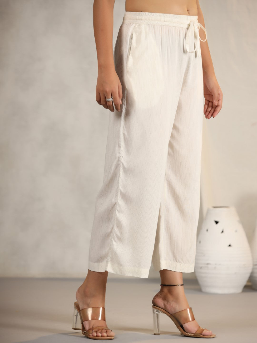 Juniper Women's Ivory Stripped Modal Rayon Women Pants With Single Side Pockets & Drawstring | Grocsy