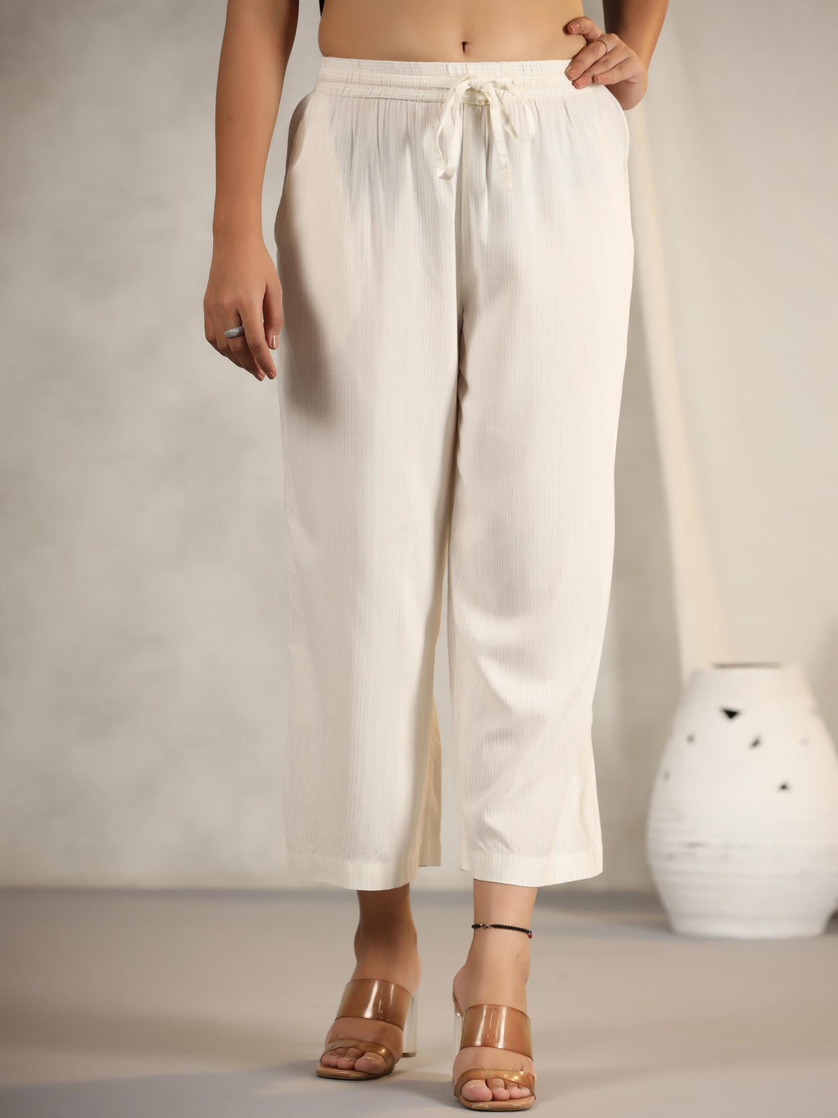 Juniper Women's Ivory Stripped Modal Rayon Women Pants With Single Side Pockets & Drawstring | Grocsy