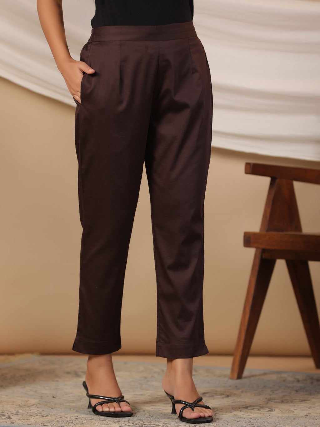 Juniper Brown Solid Lycra Women Drawstring Pants With Single Side Pocket | Grocsy
