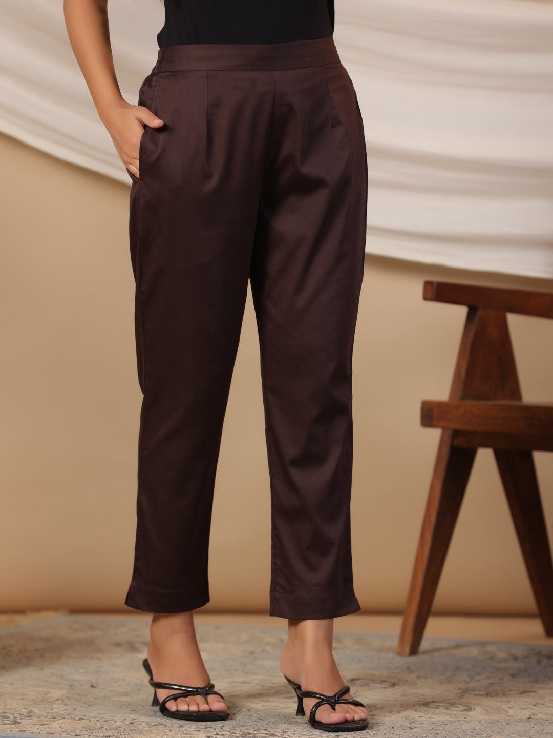 Juniper Brown Solid Lycra Women Drawstring Pants With Single Side Pocket | Grocsy