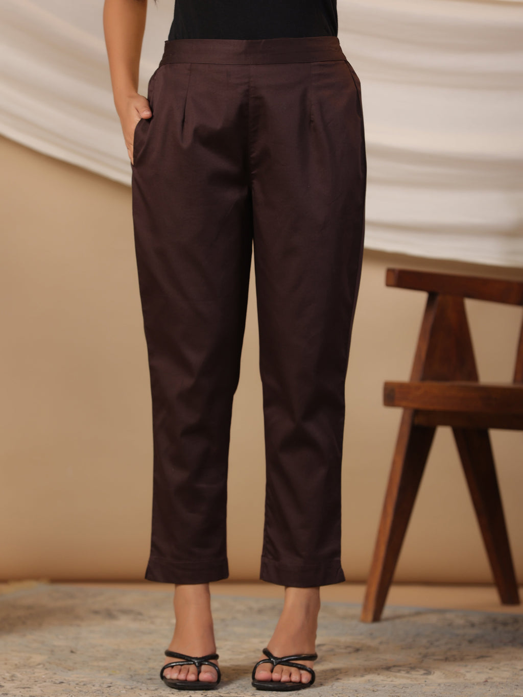 Juniper Brown Solid Lycra Women Drawstring Pants With Single Side Pocket | Grocsy