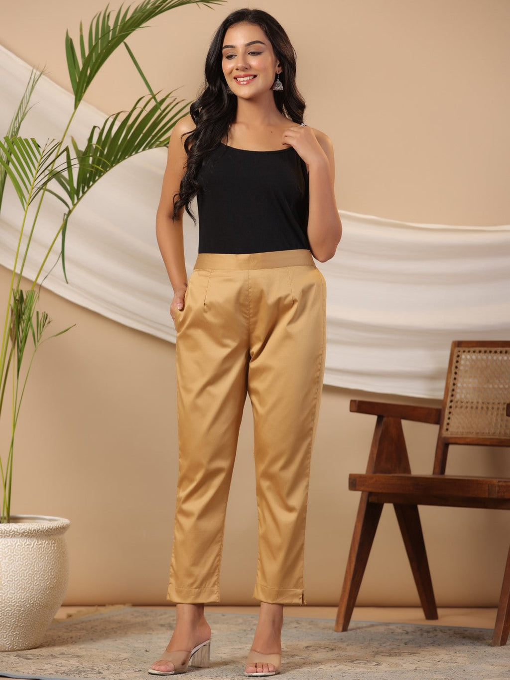 Juniper Gold Solid Lycra Women Drawstring Pants With Single Side Pocket | Grocsy