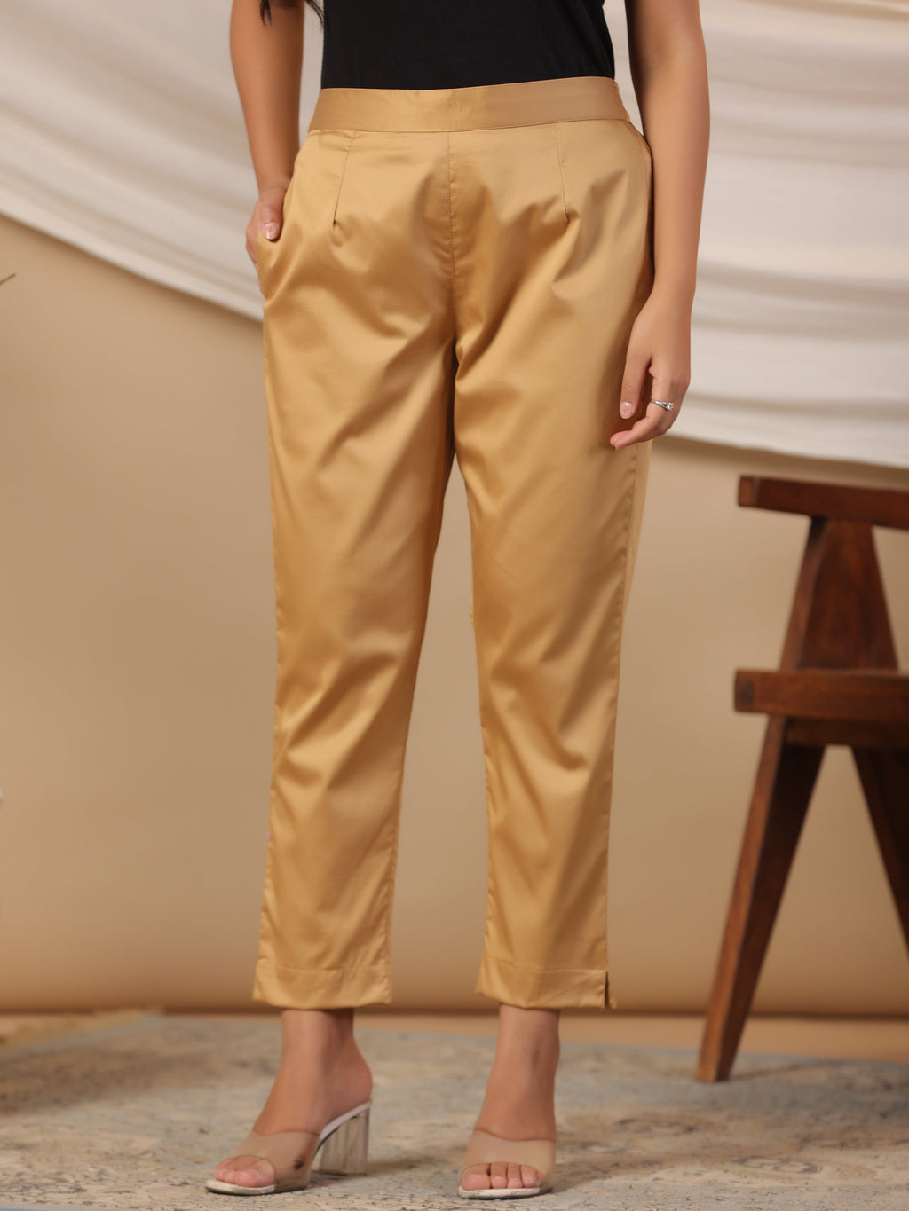 Juniper Gold Solid Lycra Women Drawstring Pants With Single Side Pocket | Grocsy