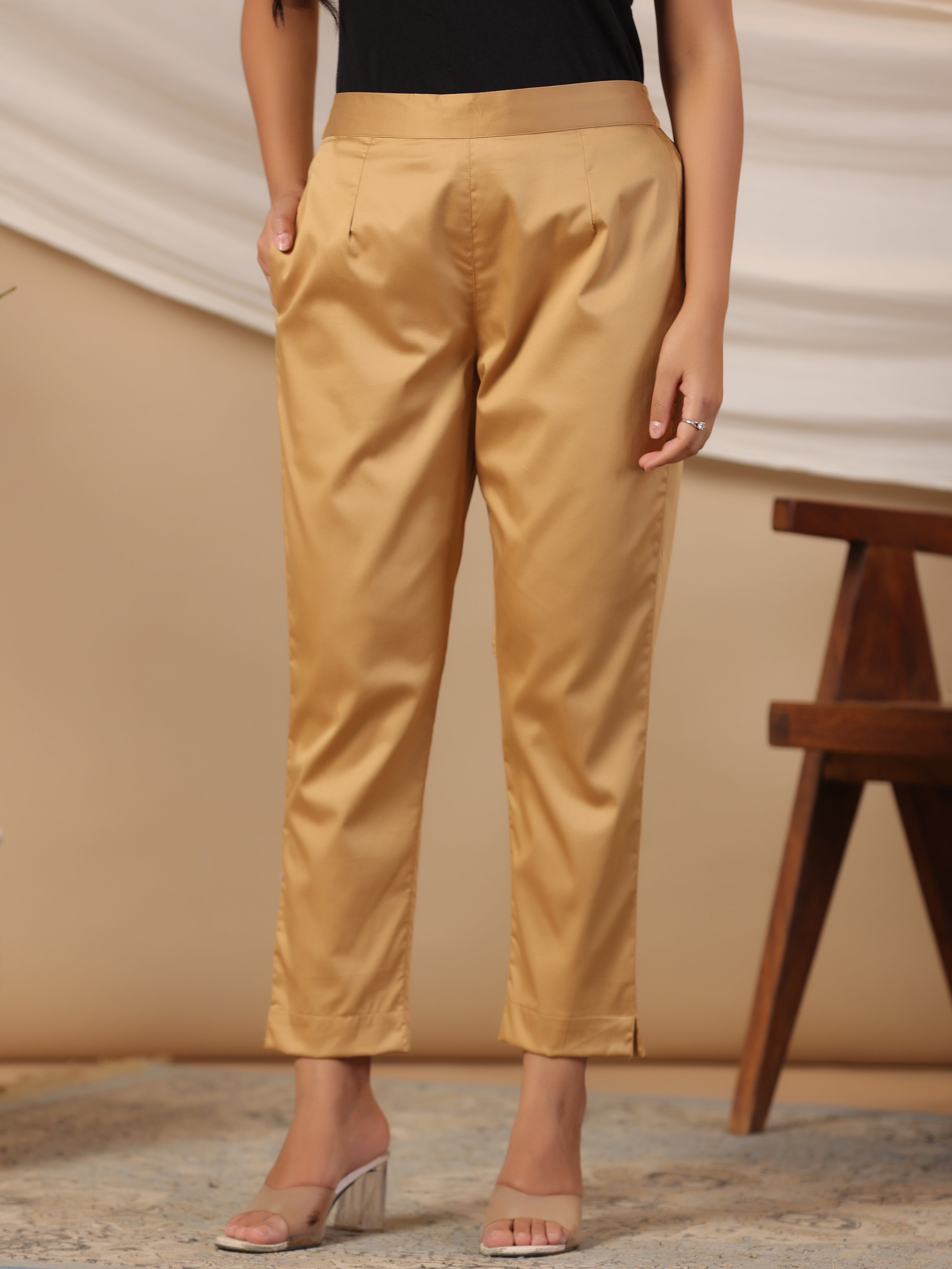 Juniper Gold Solid Lycra Women Drawstring Pants With Single Side Pocket | Grocsy