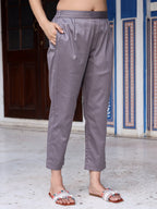Juniper Grey Solid Lycra Women Drawstring Pants With Single Side Pocket | Grocsy