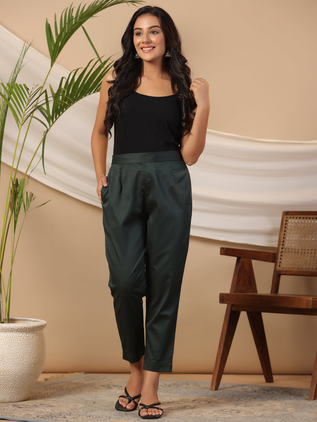 Juniper Jade Green Solid Lycra Women Drawstring Pants With Single Side Pocket | Grocsy