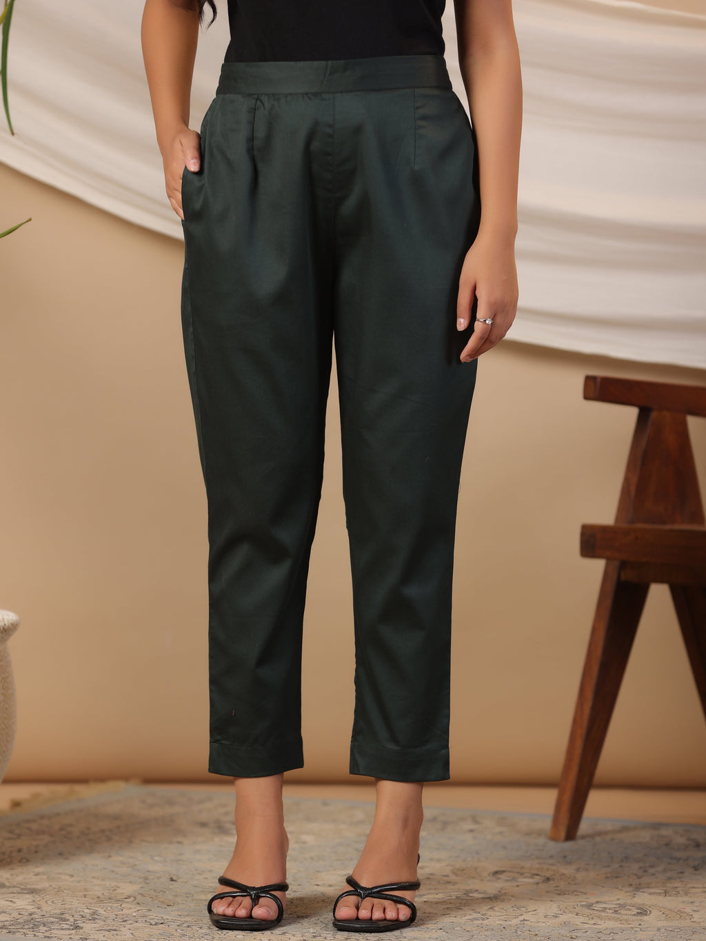 Juniper Jade Green Solid Lycra Women Drawstring Pants With Single Side Pocket | Grocsy
