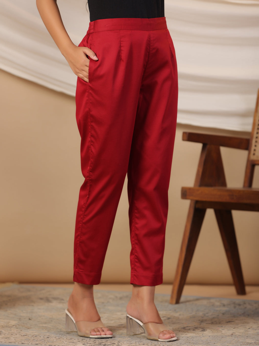 Juniper Maroon Solid Lycra Women Drawstring Pants With Single Side Pocket | Grocsy