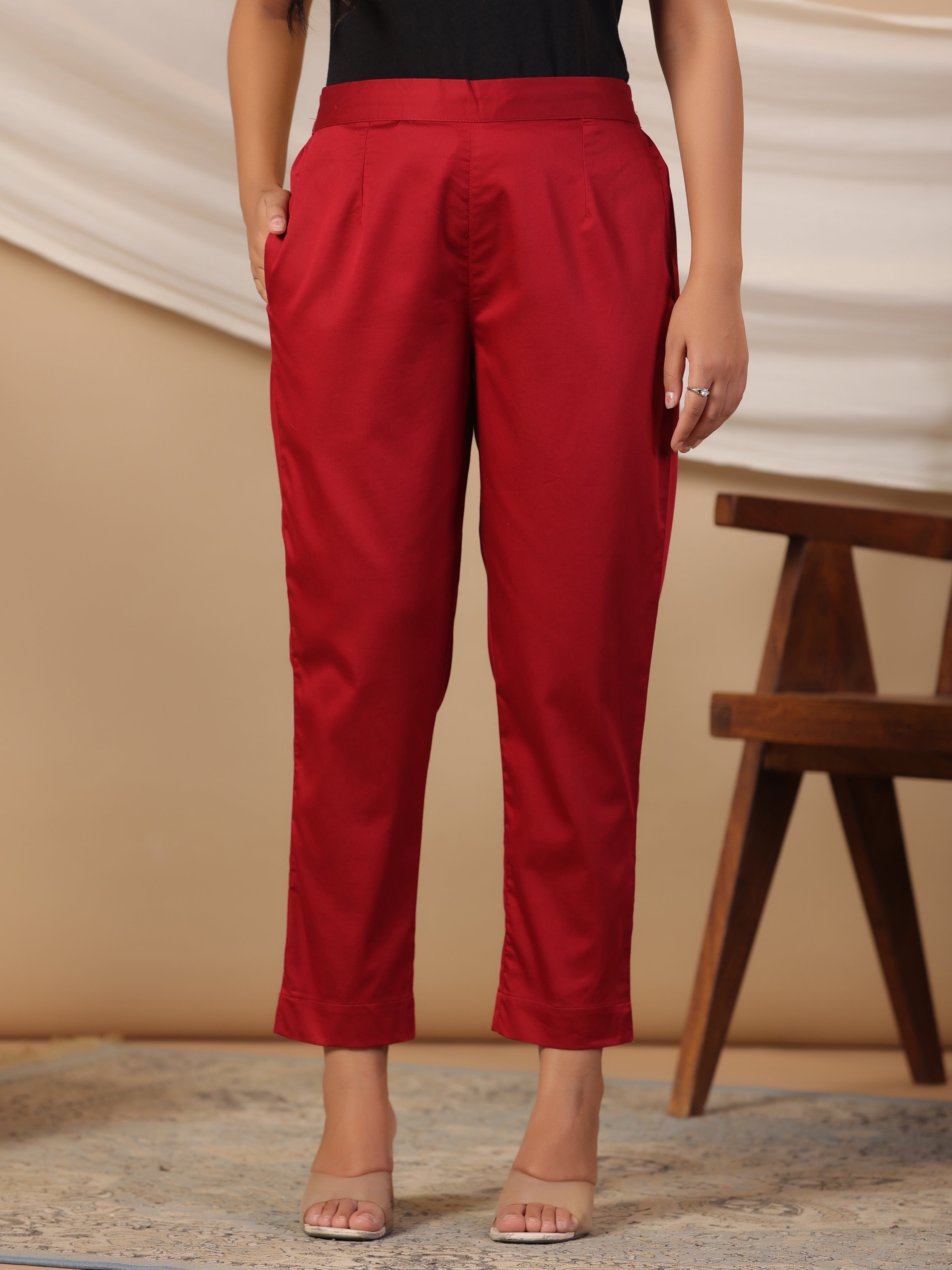 Juniper Maroon Solid Lycra Women Drawstring Pants With Single Side Pocket | Grocsy
