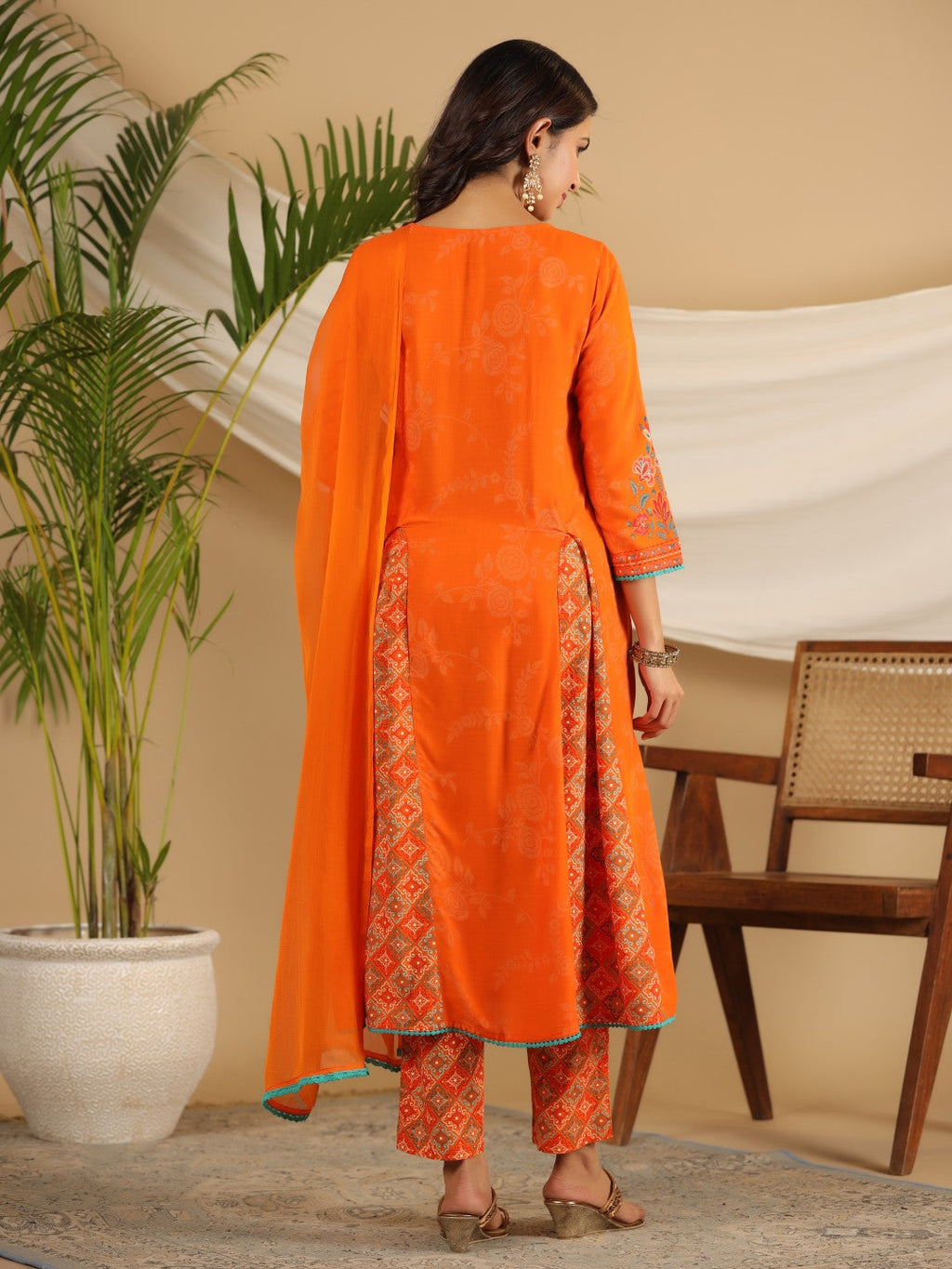 Juniper The Ornamental Bloom Orange Floral Print Kalidar Rayon Slub Kurta Pant & Dupatta Set With 3D Beads | Grocsy