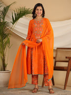 Juniper The Ornamental Bloom Orange Floral Print Kalidar Rayon Slub Kurta Pant & Dupatta Set With 3D Beads | Grocsy