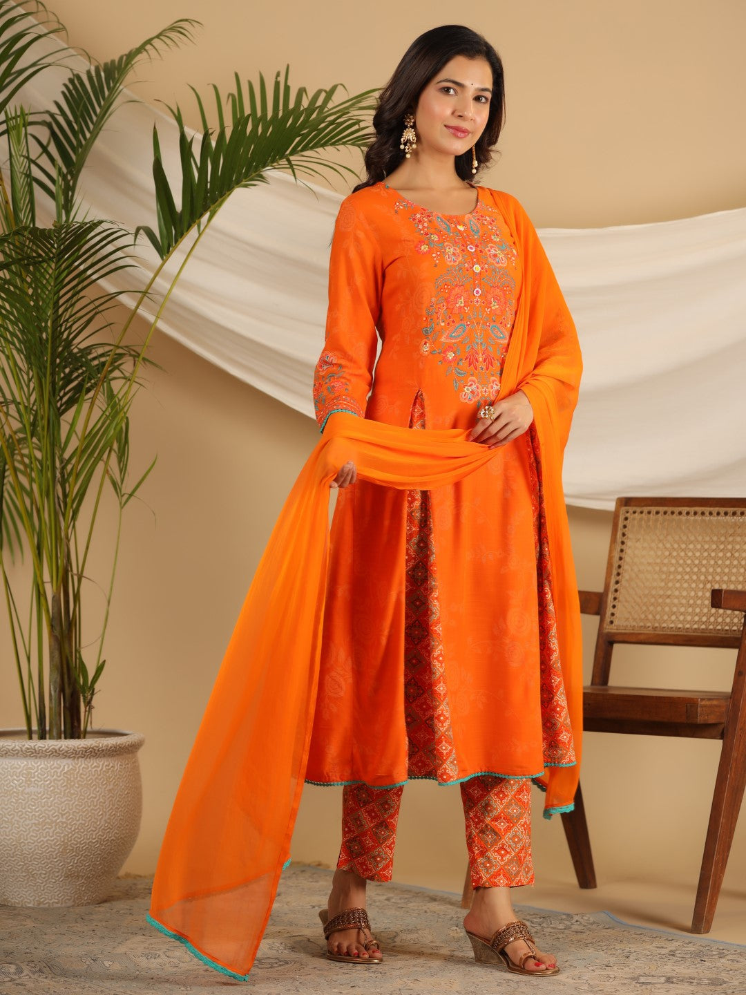 Juniper The Ornamental Bloom Orange Floral Print Kalidar Rayon Slub Kurta Pant & Dupatta Set With 3D Beads | Grocsy
