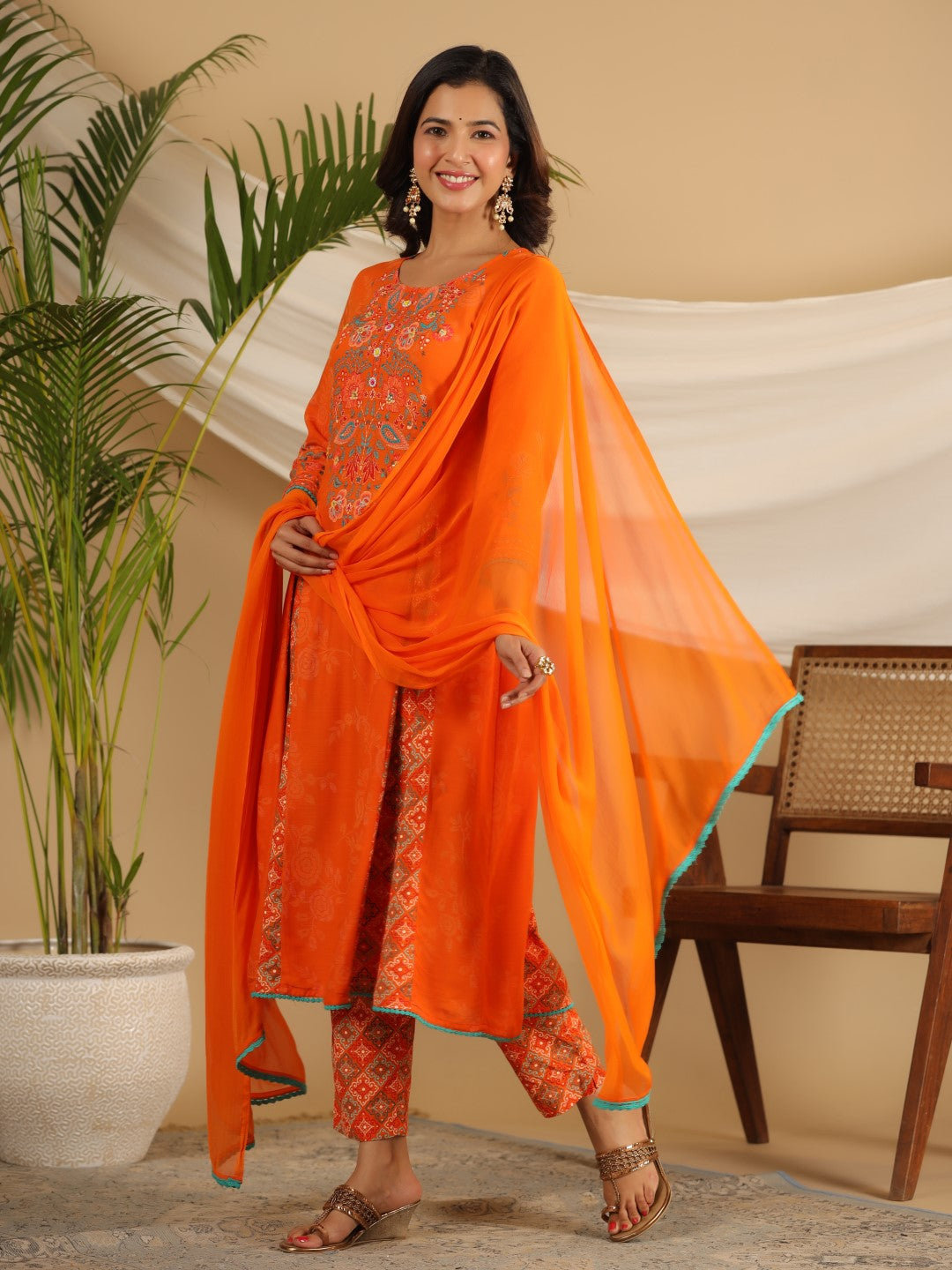 Juniper The Ornamental Bloom Orange Floral Print Kalidar Rayon Slub Kurta Pant & Dupatta Set With 3D Beads | Grocsy