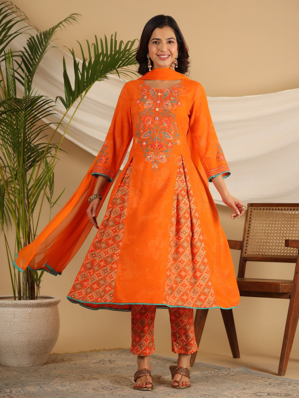 Juniper The Ornamental Bloom Orange Floral Print Kalidar Rayon Slub Kurta Pant & Dupatta Set With 3D Beads | Grocsy