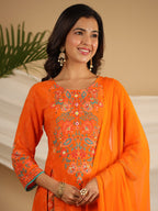 Juniper The Ornamental Bloom Orange Floral Print Kalidar Rayon Slub Kurta Pant & Dupatta Set With 3D Beads | Grocsy