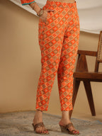Juniper The Ornamental Bloom Orange Floral Print Kalidar Rayon Slub Kurta Pant & Dupatta Set With 3D Beads | Grocsy