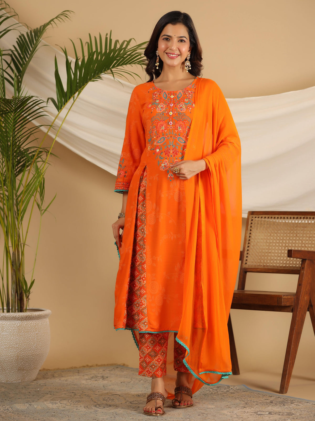 Juniper The Ornamental Bloom Orange Floral Print Kalidar Rayon Slub Kurta Pant & Dupatta Set With 3D Beads | Grocsy
