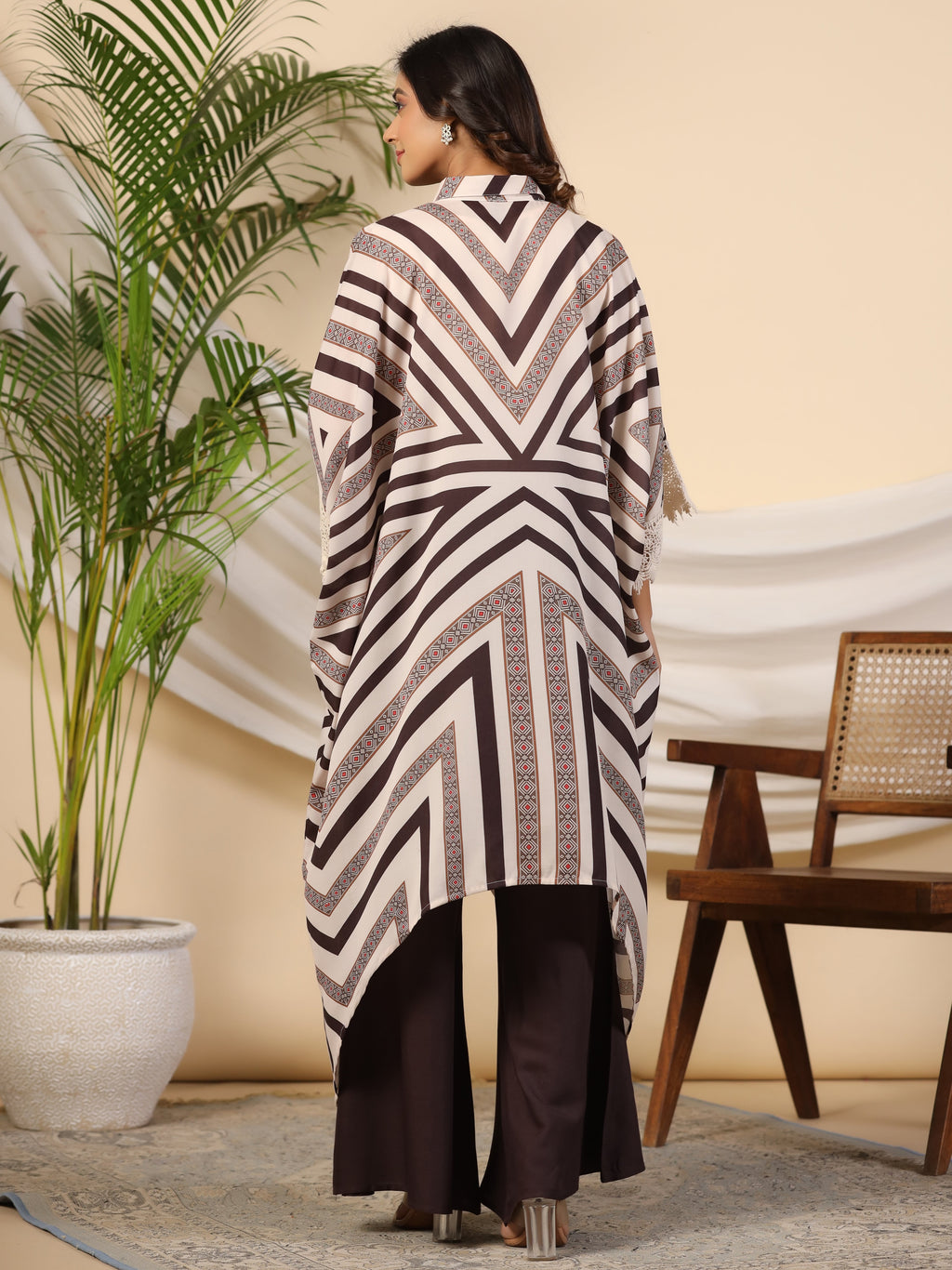 Juniper Brown Stripe Print Cotton Lacy Kaftan & Pants Co-Ord Set & Inner With Contrast Kantha And Bead Work | Grocsy