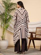 Juniper Brown Stripe Print Cotton Lacy Kaftan & Pants Co-Ord Set & Inner With Contrast Kantha And Bead Work | Grocsy