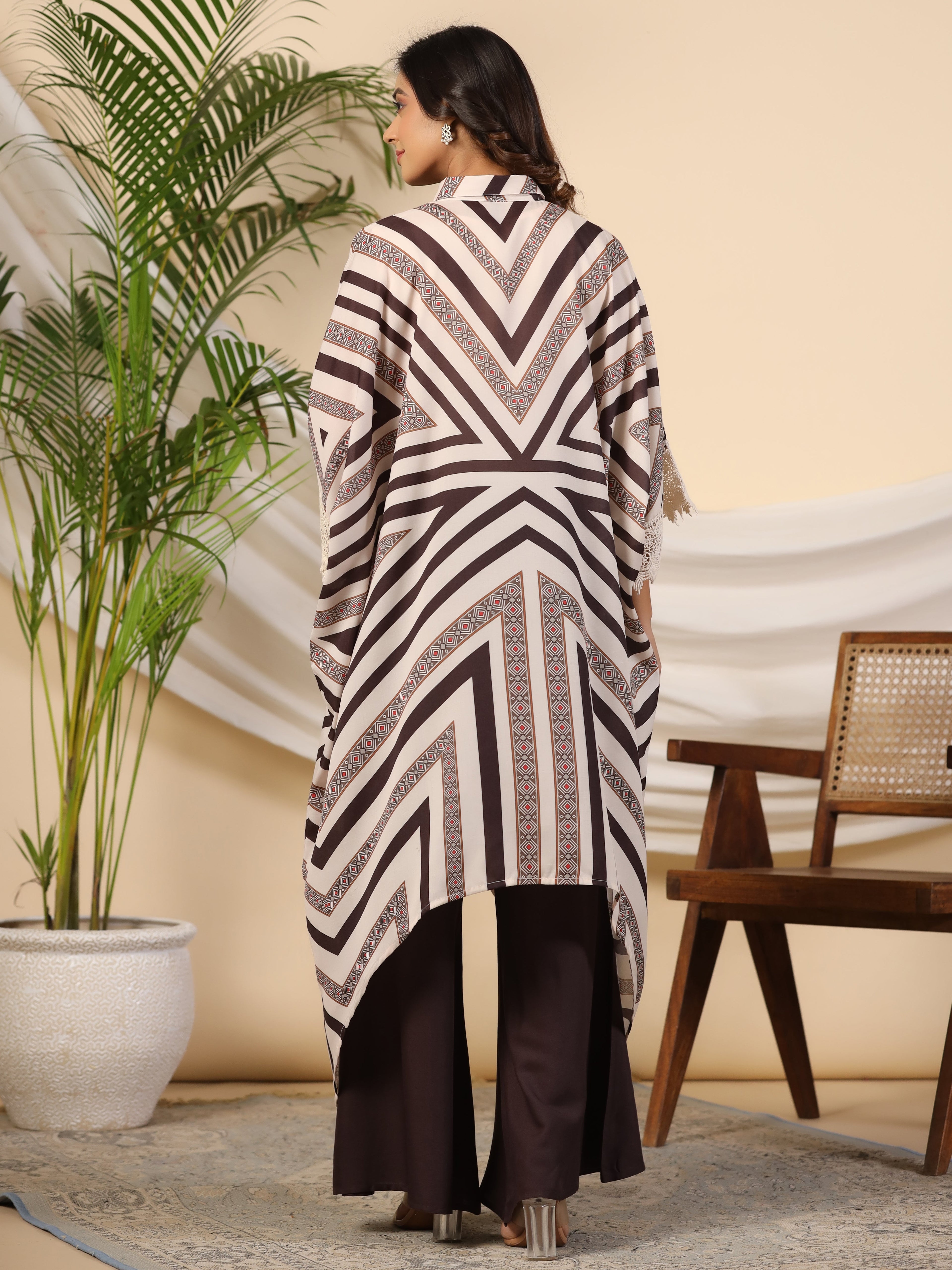 Juniper Brown Stripe Print Cotton Lacy Kaftan & Pants Co-Ord Set & Inner With Contrast Kantha And Bead Work | Grocsy