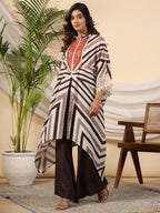 Juniper Brown Stripe Print Cotton Lacy Kaftan & Pants Co-Ord Set & Inner With Contrast Kantha And Bead Work | Grocsy
