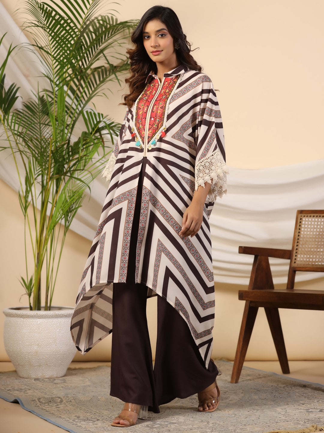 Juniper Brown Stripe Print Cotton Lacy Kaftan & Pants Co-Ord Set & Inner With Contrast Kantha And Bead Work | Grocsy