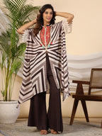 Juniper Brown Stripe Print Cotton Lacy Kaftan & Pants Co-Ord Set & Inner With Contrast Kantha And Bead Work | Grocsy