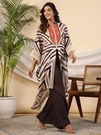 Juniper Brown Stripe Print Cotton Lacy Kaftan & Pants Co-Ord Set & Inner With Contrast Kantha And Bead Work | Grocsy