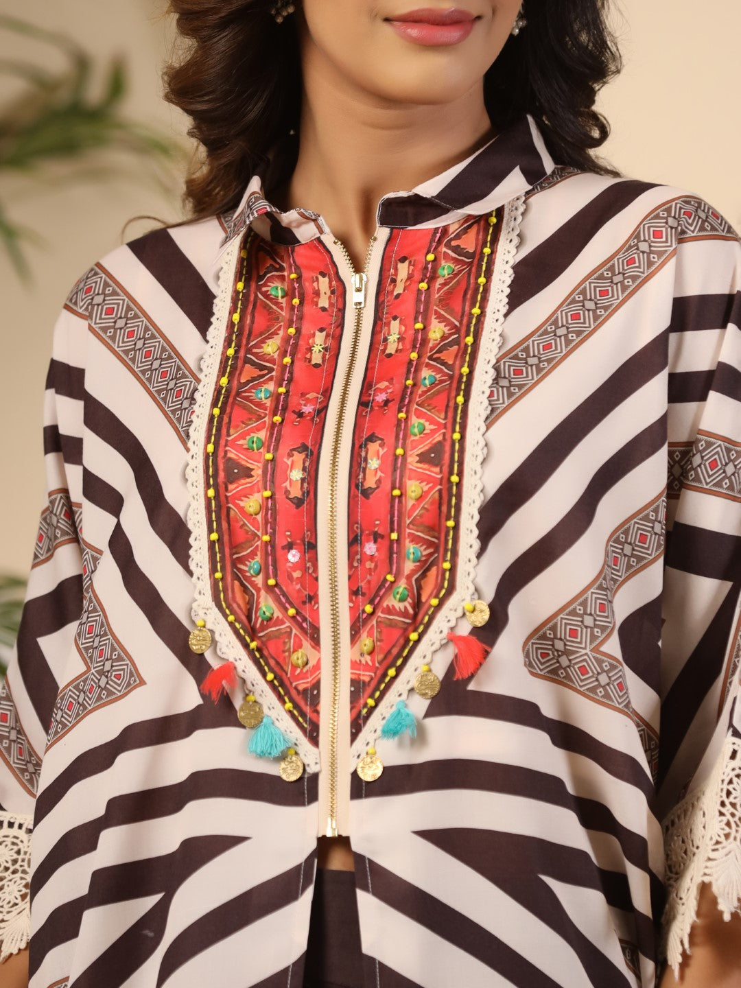 Juniper Brown Stripe Print Cotton Lacy Kaftan & Pants Co-Ord Set & Inner With Contrast Kantha And Bead Work | Grocsy