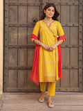Juniper Mustard Bandhani Print Angrakha Cotton Kurta With Pants & Dupatta Set With Mirror Work Embroidery | Grocsy