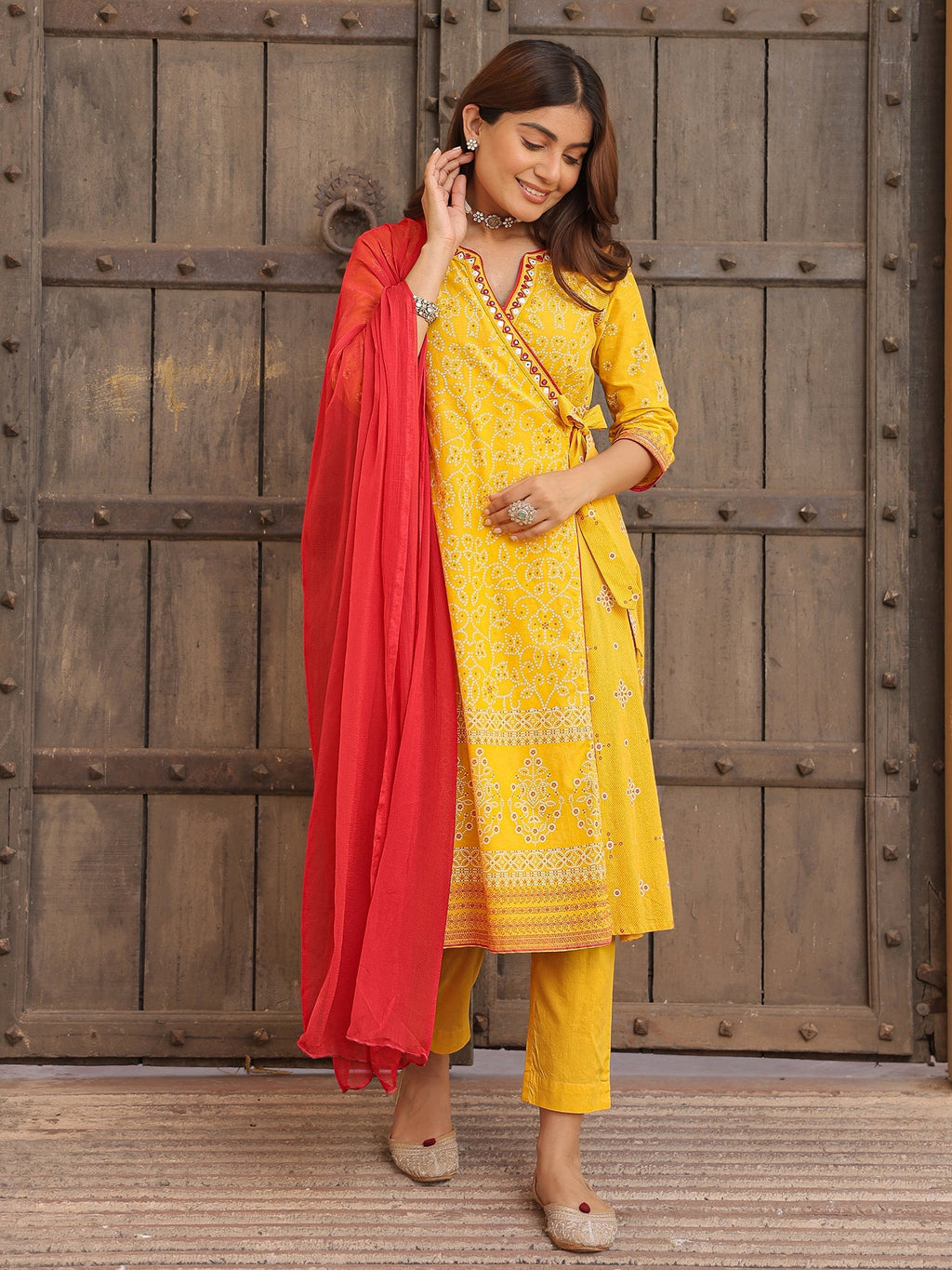 Juniper Mustard Bandhani Print Angrakha Cotton Kurta With Pants & Dupatta Set With Mirror Work Embroidery | Grocsy