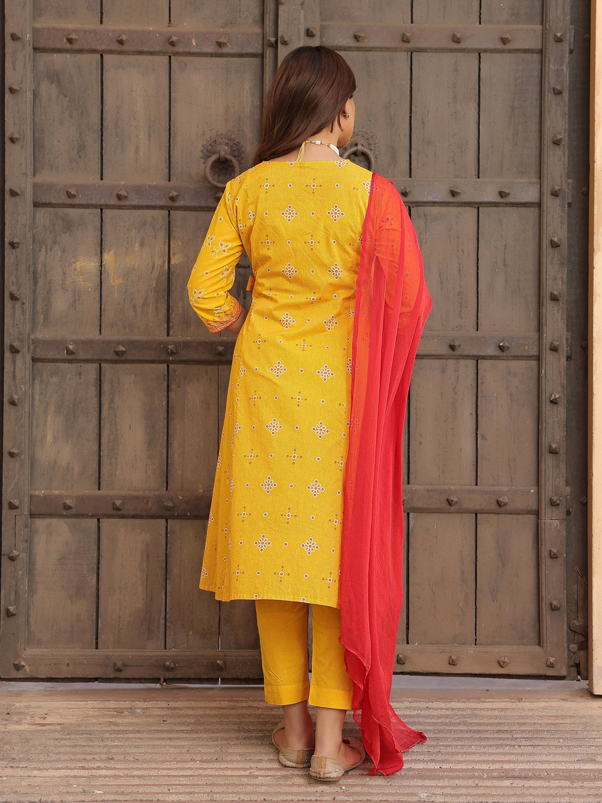 Juniper Mustard Bandhani Print Angrakha Cotton Kurta With Pants & Dupatta Set With Mirror Work Embroidery | Grocsy