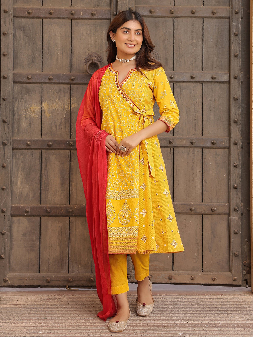 Juniper Mustard Bandhani Print Angrakha Cotton Kurta With Pants & Dupatta Set With Mirror Work Embroidery | Grocsy