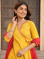 Juniper Mustard Bandhani Print Angrakha Cotton Kurta With Pants & Dupatta Set With Mirror Work Embroidery | Grocsy